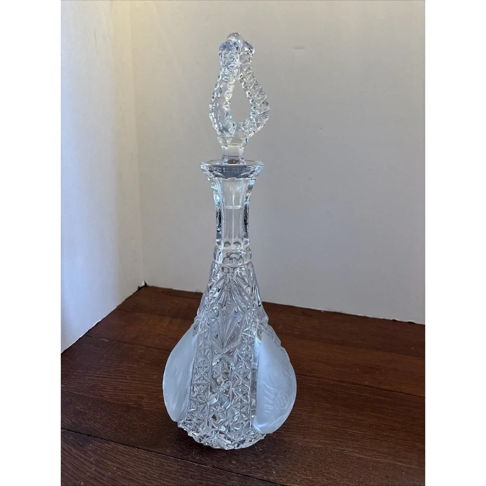 Vintage German Cut Lead Crystal Decanter Ornate Swan Frosted Accents‎ 14